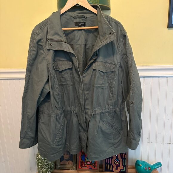 Talbots Womens Utility Jacket 3X Embroidered Sleeves Button Pockets Adjustable - Picture 1 of 6